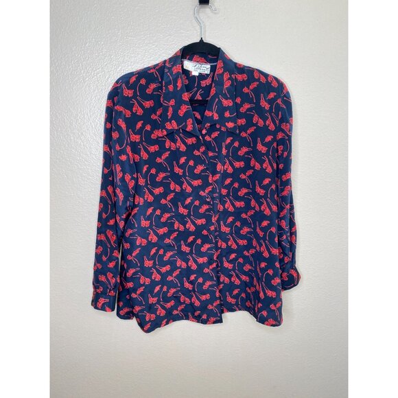 Vintage‎ Lihao Navy & Red Floral Print Long-Sleeve Button-Up Shirt collared - Picture 1 of 5